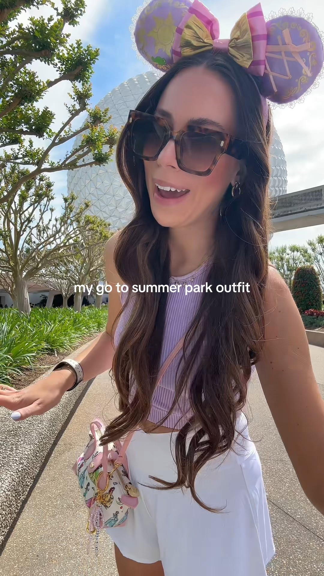 Comfy Disney ootd💜 stretchy Amazon athletic shorts, cute workout outfit, ribbed cropped tank top sports bra, Stoney clover lane princess pouchette, Amazon sunglasses, Rapunzel ears, Reebok chunky sneakers, Disney girl, Disney outfit ideas, Disney Inspo, Disney aesthetic, Disney bound, Disney style, Disney accessories 

#LTKootd #LTKdayinmylife #LTKvlog