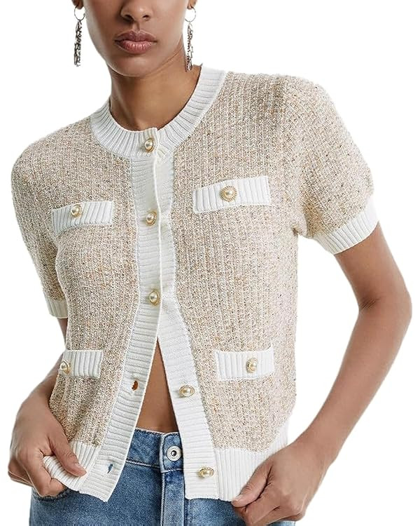 Womens Summer Button Down Cardigans Shirts Casual Short Sleeve Crew Neck Cropped Lightweight Swea... | Amazon (US)