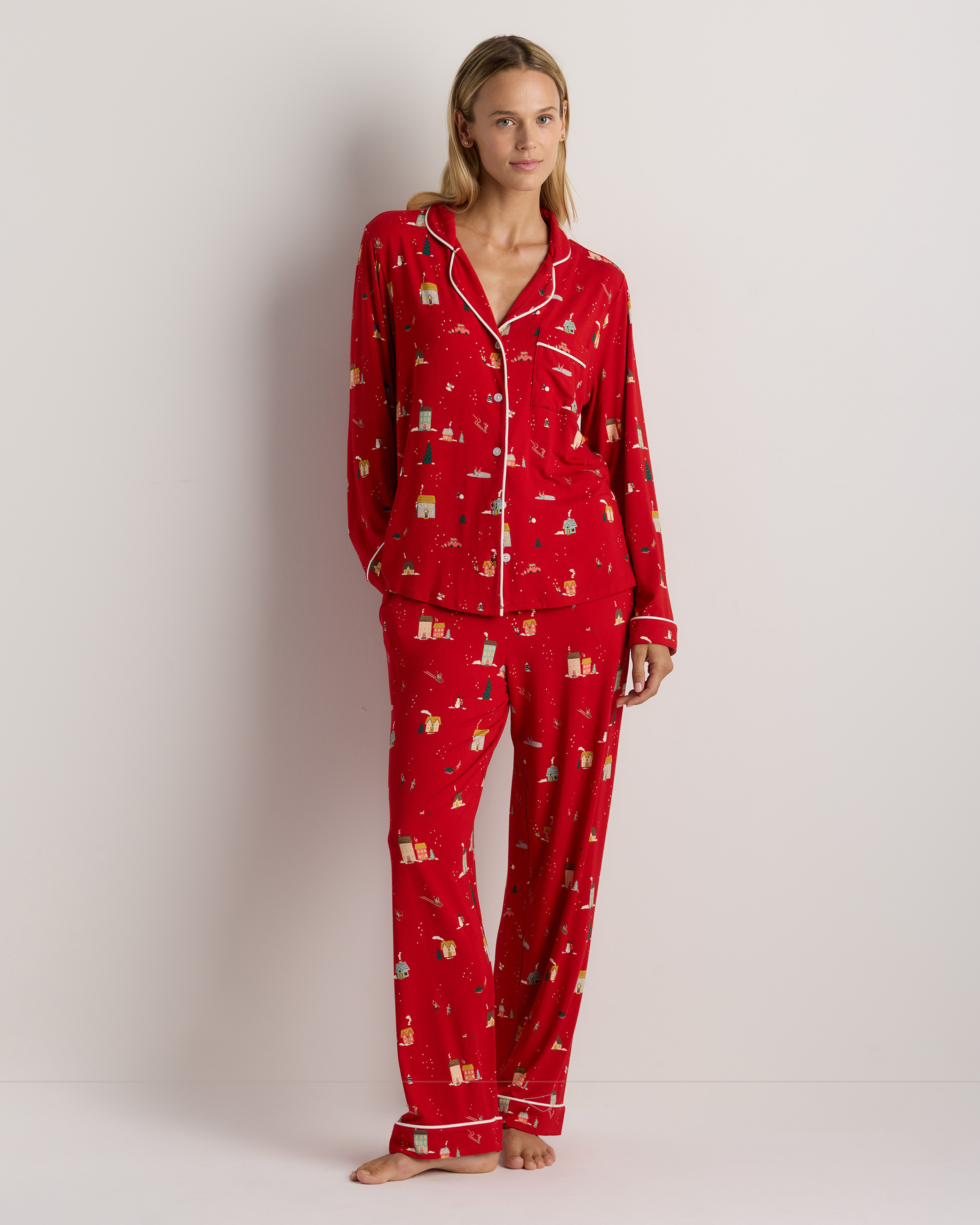 Quince | Women's Bamboo Jersey Long Sleeve Pajama Set in Holiday Scenic, Size XL | Quince
