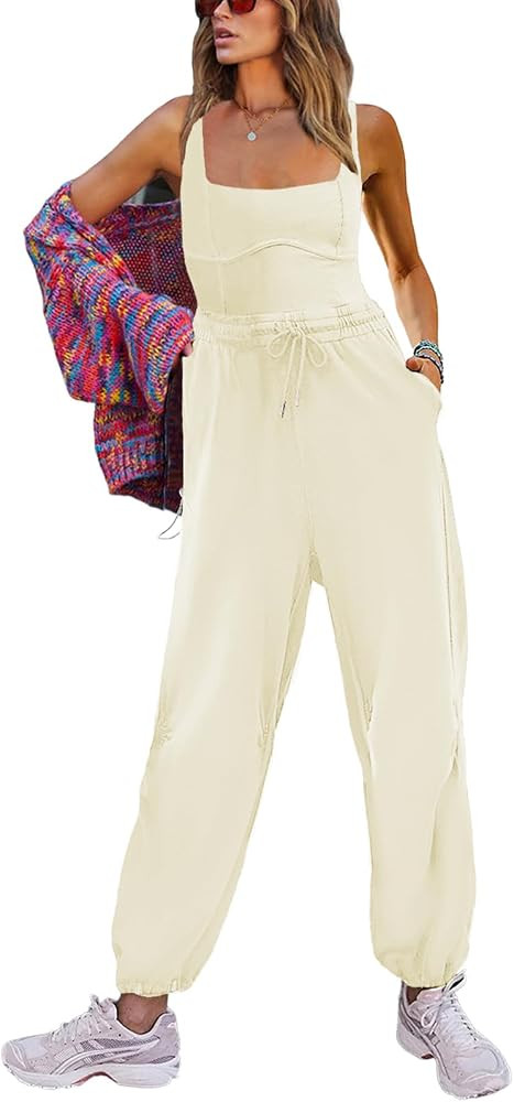 Womens Sleeveless One Piece Jumpsuit Square Neck Elastic Waist Summer Casual Bodycon Jumpers with... | Amazon (US)