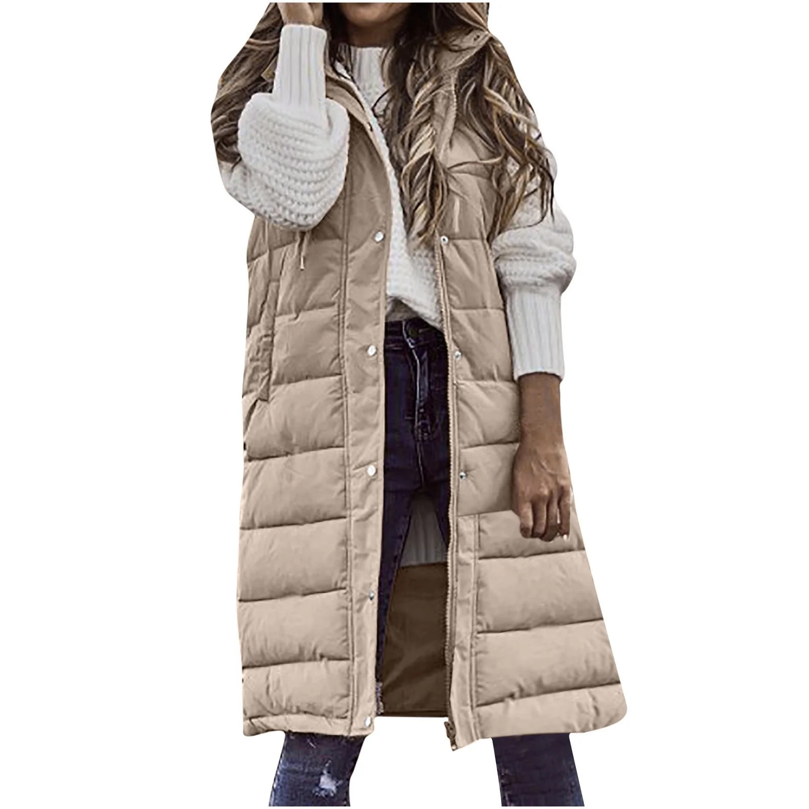 WREESH Womens Long Puffer Vest Sleeveless Hooded Puffy Jackets Winter Warm Padded Down Jacket Out... | Walmart (US)