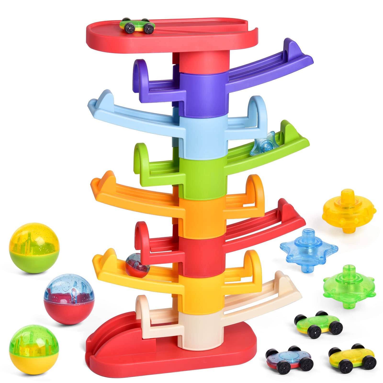 FUN LITTLE TOYS Ball Drop Toys for Toddler 1-3, 9 Layer Car Ramp Toy Set with 3 Mini Cars 3 Spira... | Amazon (US)