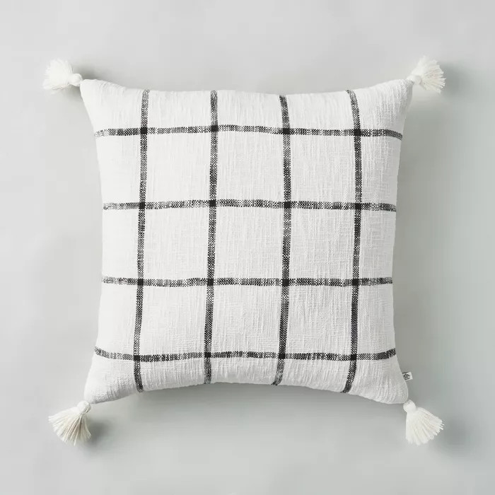 24" x 24" Woven Slub Checkered Throw Pillow with Tassels Gray/Sour Cream - Hearth & H... | Target