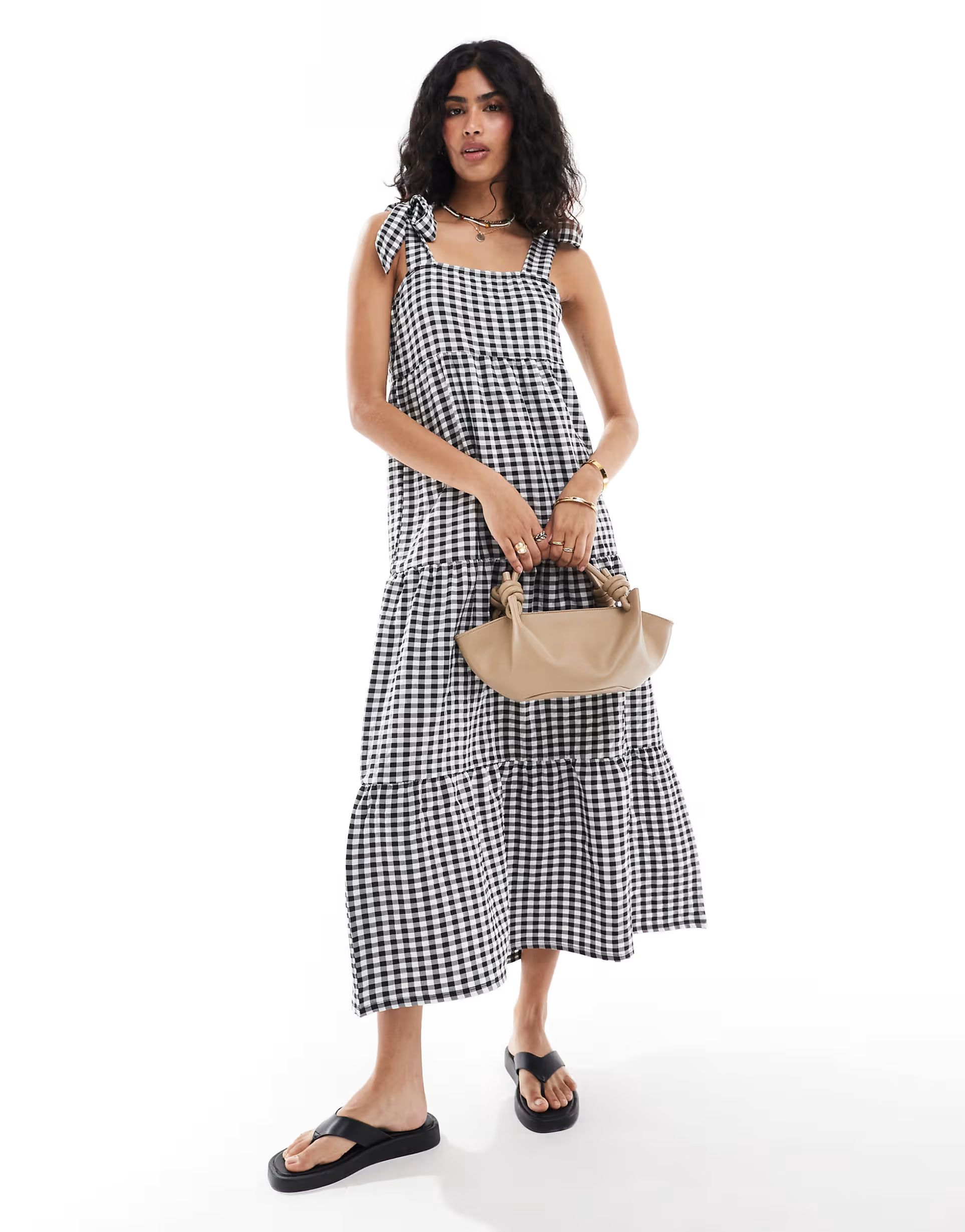 Miss Selfridge tiered gingham maxi dress with tie shoulders | ASOS (Global)