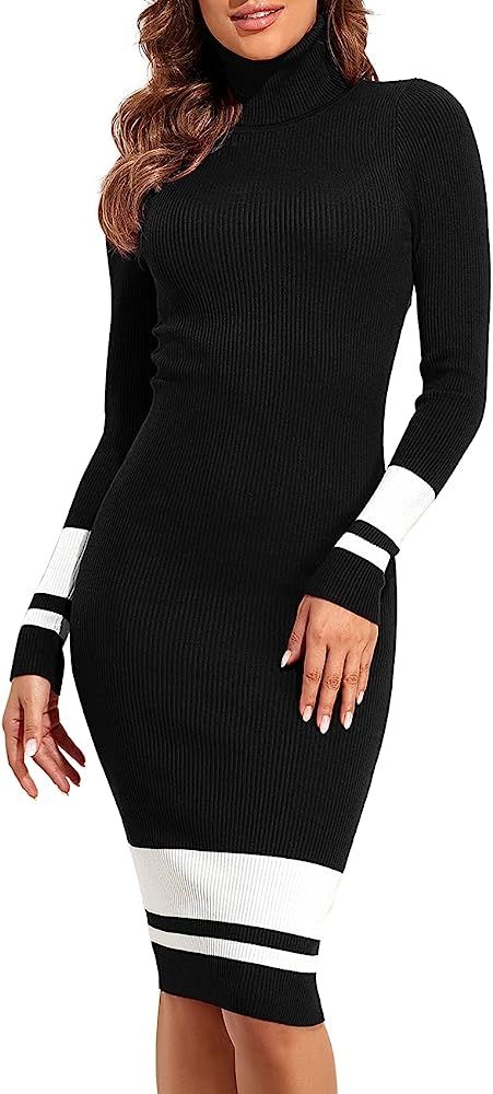 PrettyGuide Women's Turtleneck Sweater Dress Long Sleeve Ribbed Knit Stretch Midi Bodycon Dresses | Amazon (US)