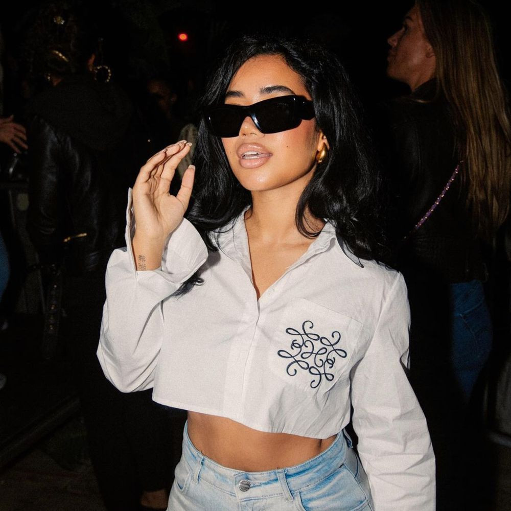 Long Sleeve Contrast Swirl Logo Print Detail Cropped Shirt In White | EGO Shoes (US & Canada)