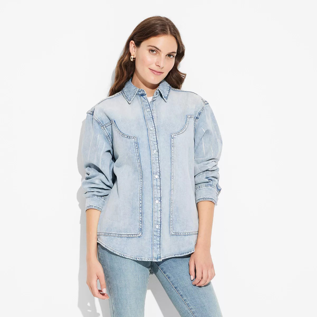 Women's Long Sleeve Oversized Denim Western Shirt - Wild Fable™ Light Wash XS | Target