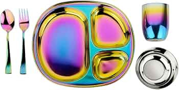 Ahimsa Stainless Steel Kids Dinnerware Set - 5 Piece Stainless Steel Toddler Plates and Bowls Set... | Amazon (US)