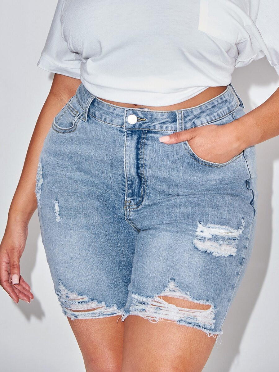 SHEIN SXY Plus Ripped Raw Hem Denim Shorts | SHEIN