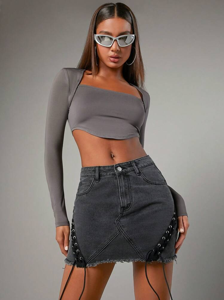 Lace up denim skirt  | SHEIN