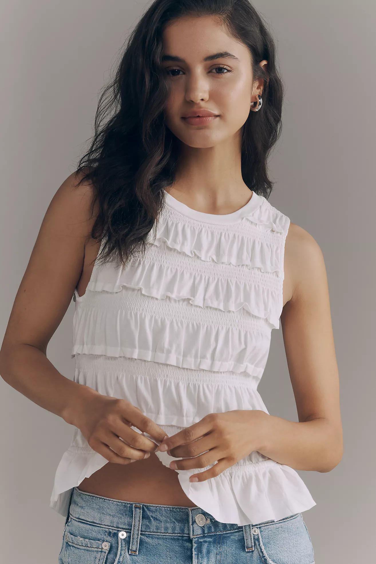 Maeve Cotton Shirred Ruffle Tank | Anthropologie (US)