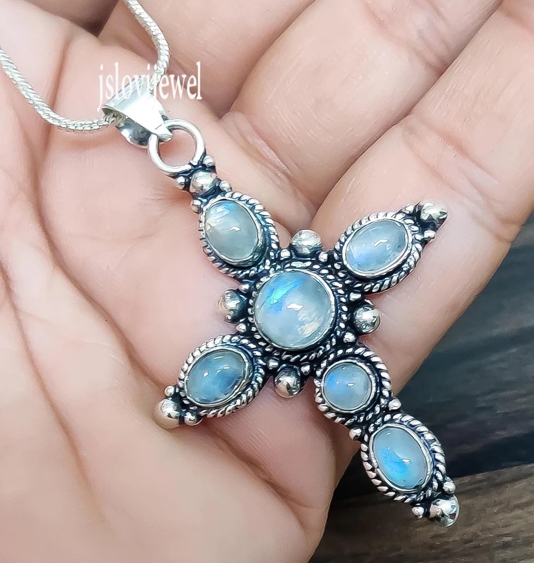 Sterling Silver Moonstone Cross Necklace/ Multi Stone Jesus Pendant With Chain/ Rainbow Gemstone ... | Etsy (US)