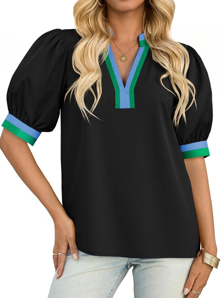 Tankaneo Womens Color Block Puff Sleeve Tops Dressy Casual V Neck Cotton Blouses Summer Loose Fit... | Amazon (US)