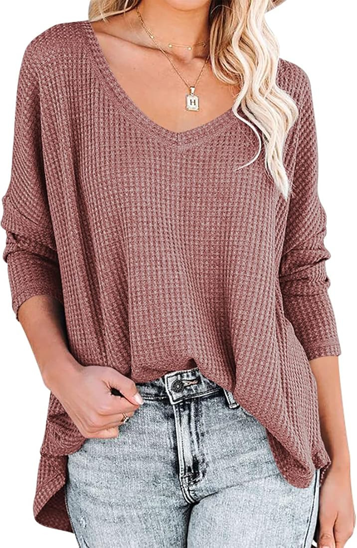 ANRABESS Women's Causal Off Shoulder Waffle Knit Shirt V-Neck Batwing Sleeve Pullover Curved Hem ... | Amazon (US)