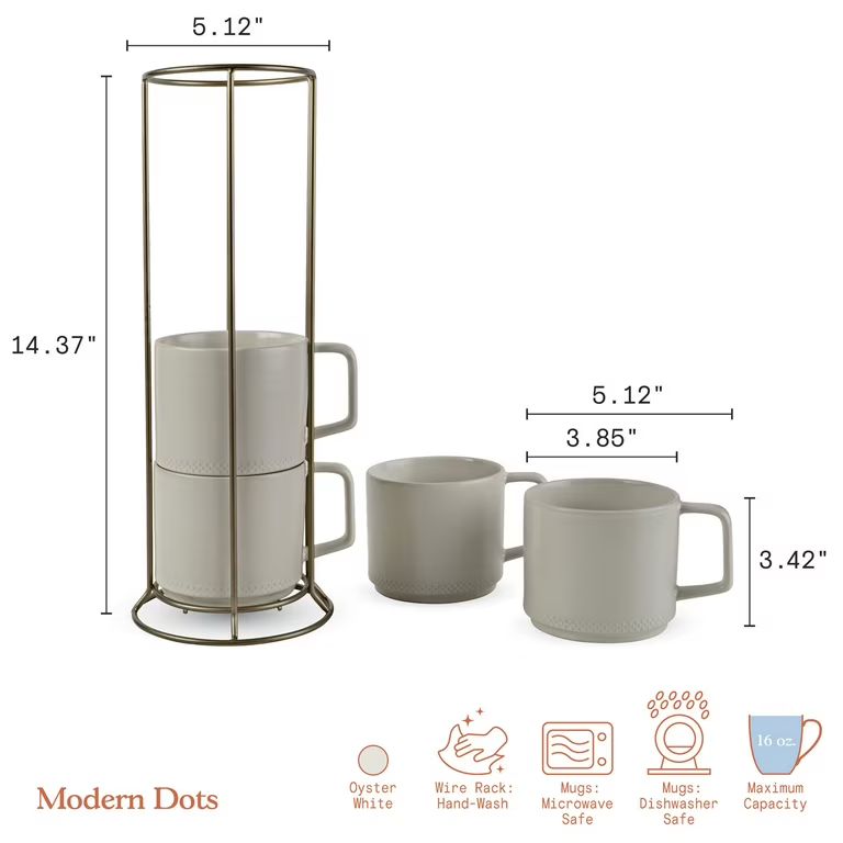 Beautiful Modern Dot 4 Piece 16 oz Stoneware Mug Set with Rack White by Drew Barrymore | Walmart (US)
