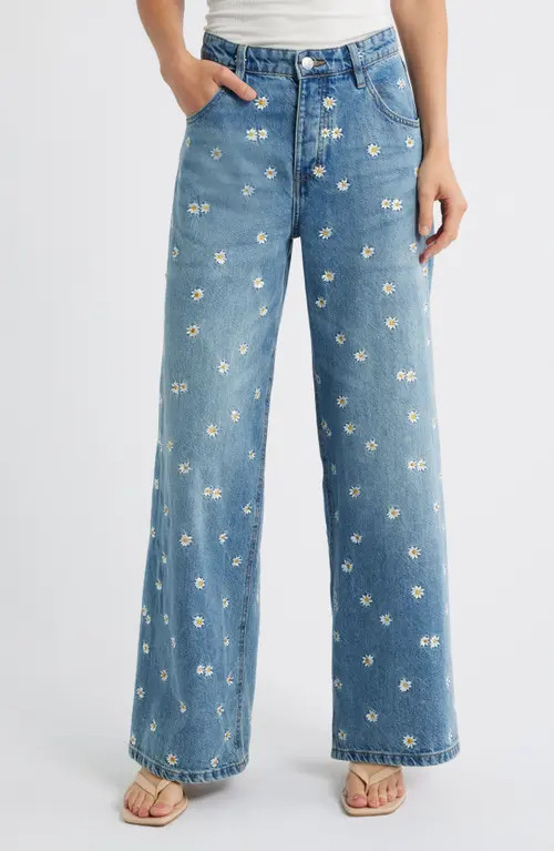 MANGO Flower Embroidered Wide Leg Jeans in Medium Blue at Nordstrom, Size 10 | Nordstrom