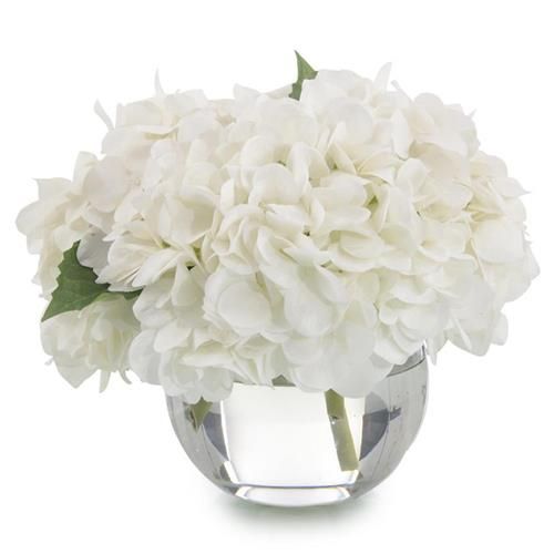 John-Richard Simply White Modern Hydrangeas Crystal Bowl Floral Arrangement | Kathy Kuo Home
