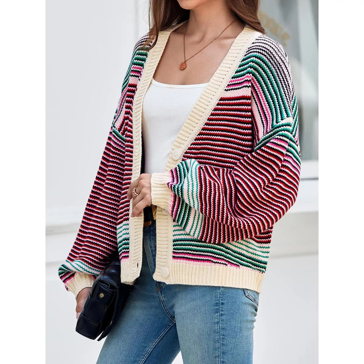 Imily Bela Womens Button Up Striped Cardigan Oversized V Neck Puff Sleeve Color Block Knit Coat B... | Target