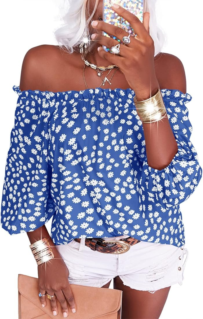 Teurkia Womens Summer Off Shoulder Blouse Floral Print 3/4 Sleeve Casual Chiffon Tops Shirts | Amazon (US)