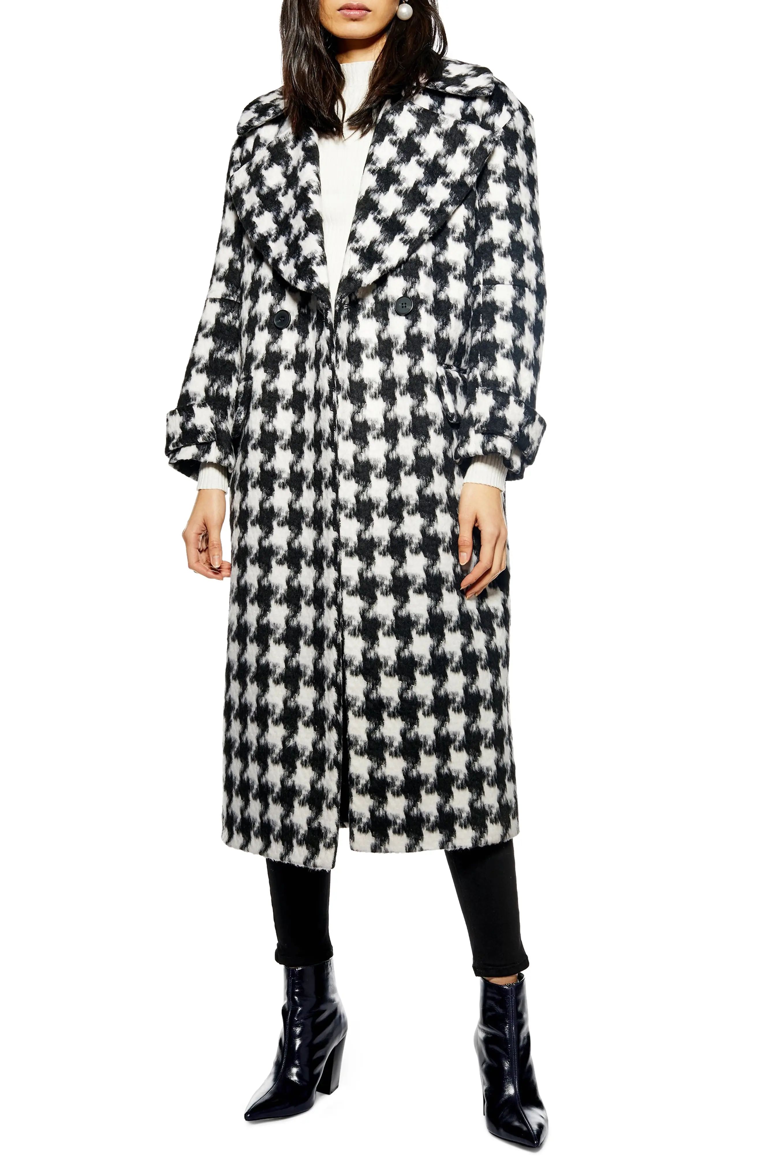 Women's Topshop Houndstooth Coat, Size 2 US (fits like 0) - Black | Nordstrom