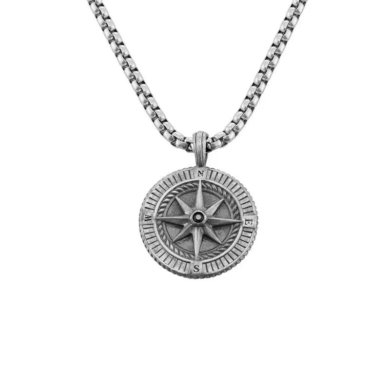 Engraved Compass Pendant Necklace for Men in Sterling Silver | MYKA