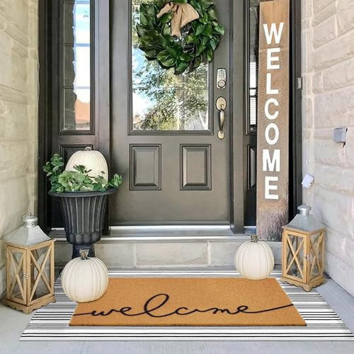 2 Pcs Summer Door Mat, Coco Coir Welcome Doormat with Black and White Striped Mats, Extra Thick & Non-Slip Backing for Farmhouse Front Porch Entryway, Seasonal Layered Porch Décor Floor Mat (Welcome) | Amazon (US)