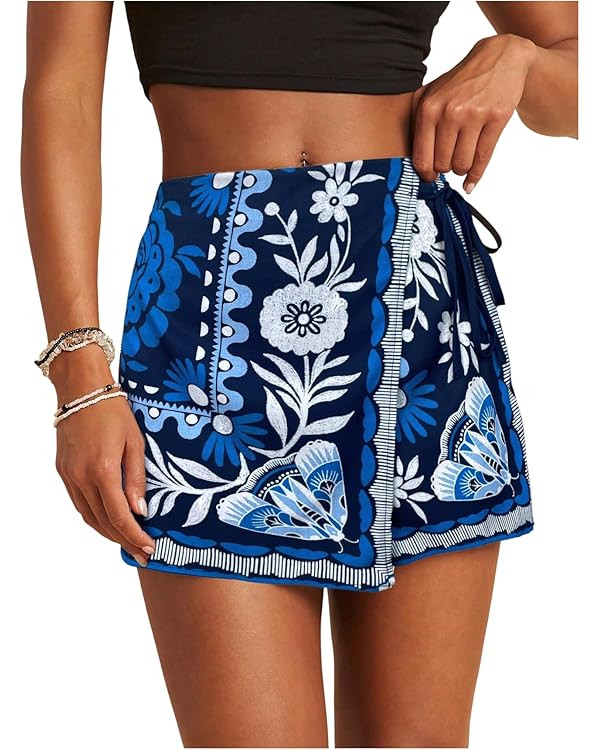 SweatyRocks Women's Boho Mini Skirts Floral Shorts Tie Side Wrap Elastic Waist Summer Skorts Beac... | Amazon (US)