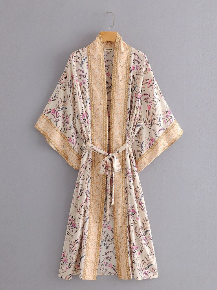 Allover Plants Print Belted Kimono | SHEIN