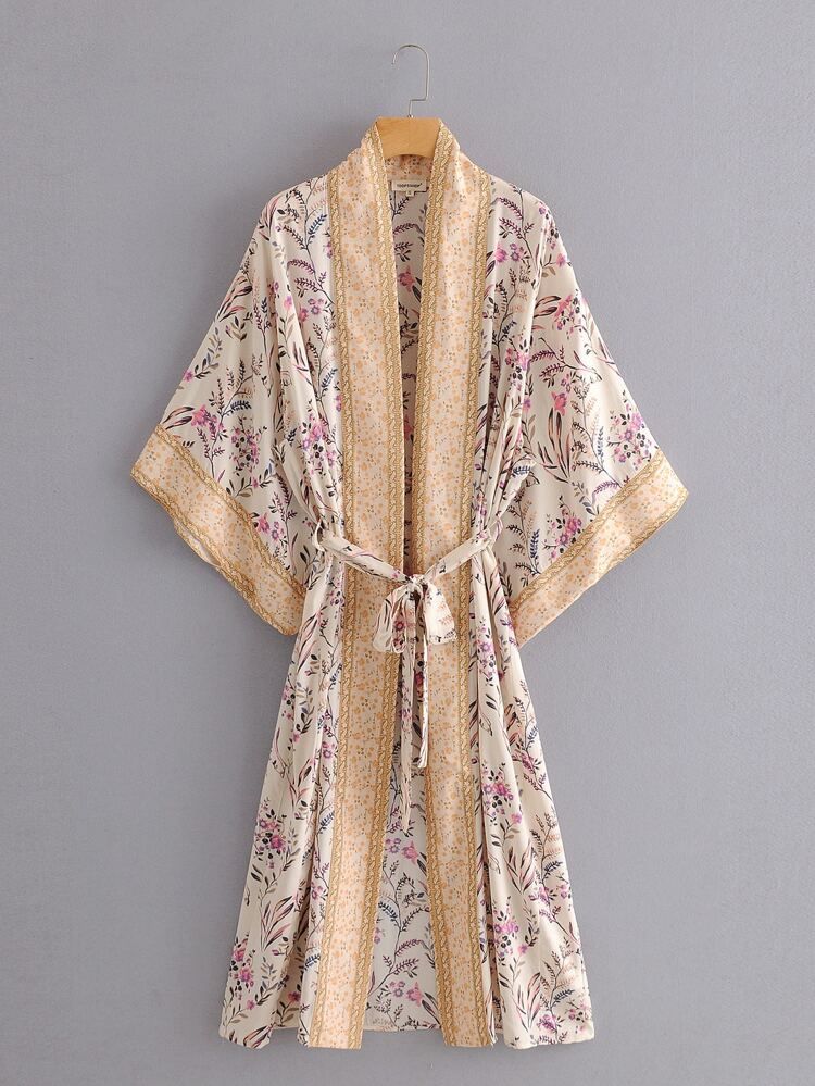 Allover Plants Print Belted Kimono | SHEIN