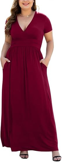 Women's L-5XL Short Sleeve Maxi Dresse V-Neck Plus Size Casual Dresses with Pockets | Amazon (US)