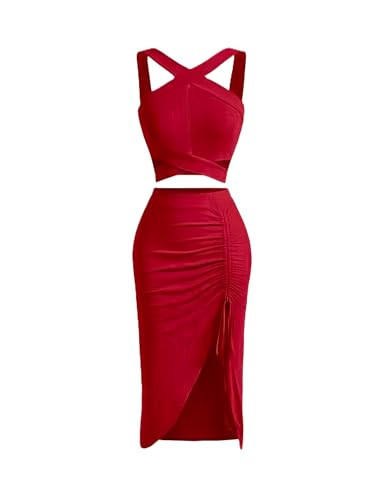 Womens 2 Piece Outfits Sexy Club Outwear Night Out Crop Top and Bodycon Going Out Skirt Set Dresses Small 3932 Red S | Amazon (US)