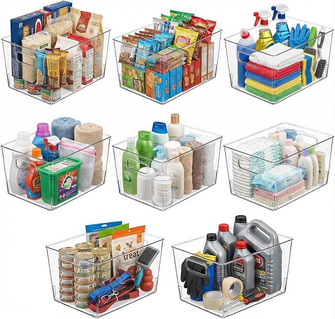MOONEDGE Large Clear Plastic Storage Bins 8 Pack, 12" x 8" x 6" Pantry Organizer Bins for Kitchen... | Amazon (US)