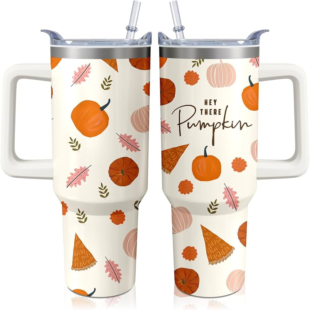 40oz Autumn Gift Fall Tumbler with Handle and straw, Pumpkin Maple Orange Leaves Stainless Steel ... | Amazon (US)