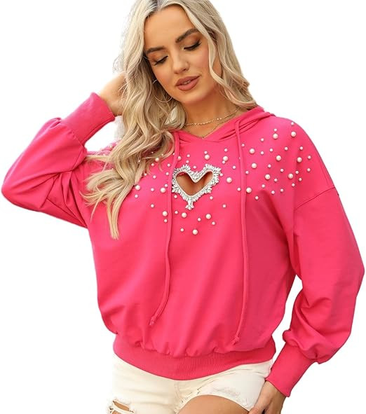 Women's Heart Sweatshirt Love Pearl Hollow Hoodies Valentine's Day Cotton Sexy Sweatshirt Party P... | Amazon (US)