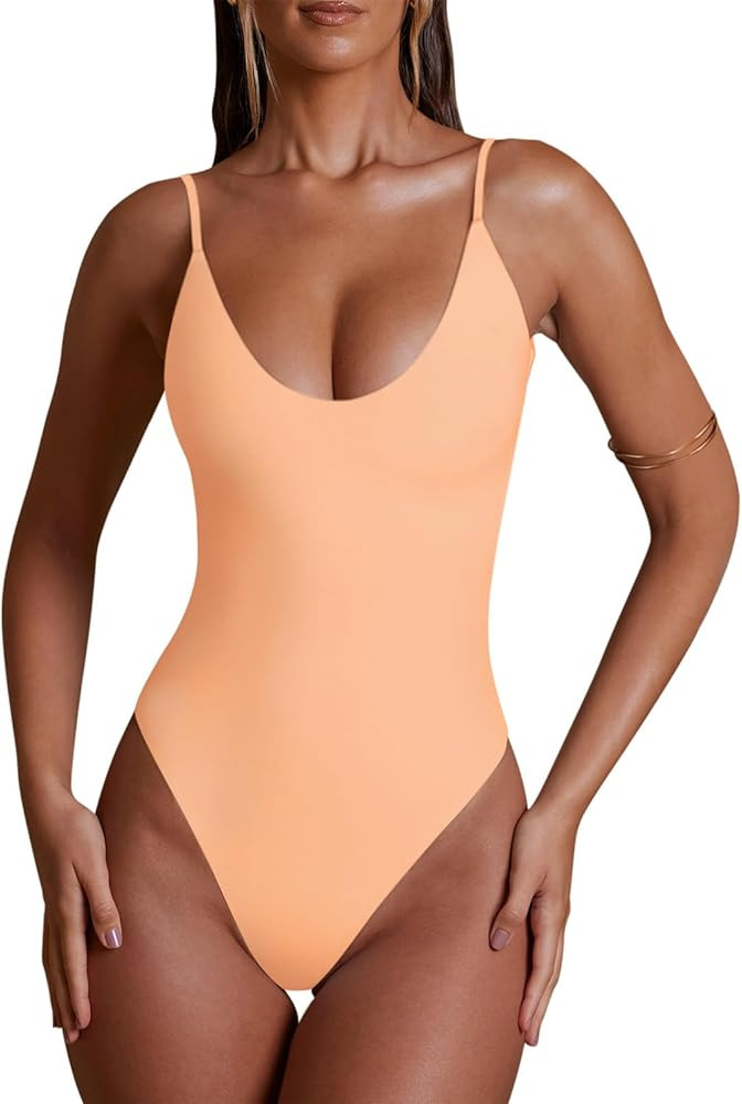 REORIA Womens Summer Sexy Deep Round Neck Double Lined Sleeveless Trendy Going Out Bodysuit Tank ... | Amazon (US)