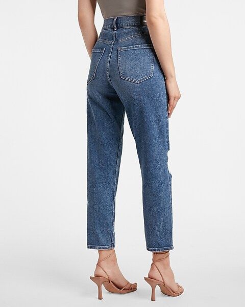 Super High Waisted Medium Wash Ripped Mom Jeans | Express