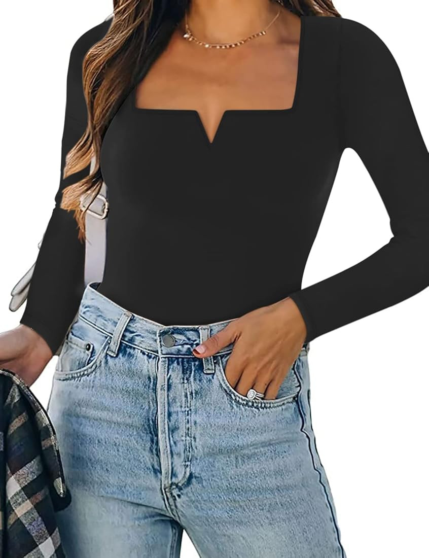 SAUNGKUAI Women's Notch V Neck Long Sleeve Thong Bodysuit Tops Square Neck Body Suits Black Small... | Amazon (US)