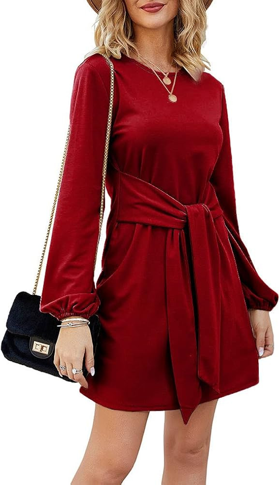 Tobrief Women’s Fall Lantern Long Sleeve Tunic Short Dress Knitted Tie Waist Sweater Dress | Amazon (US)