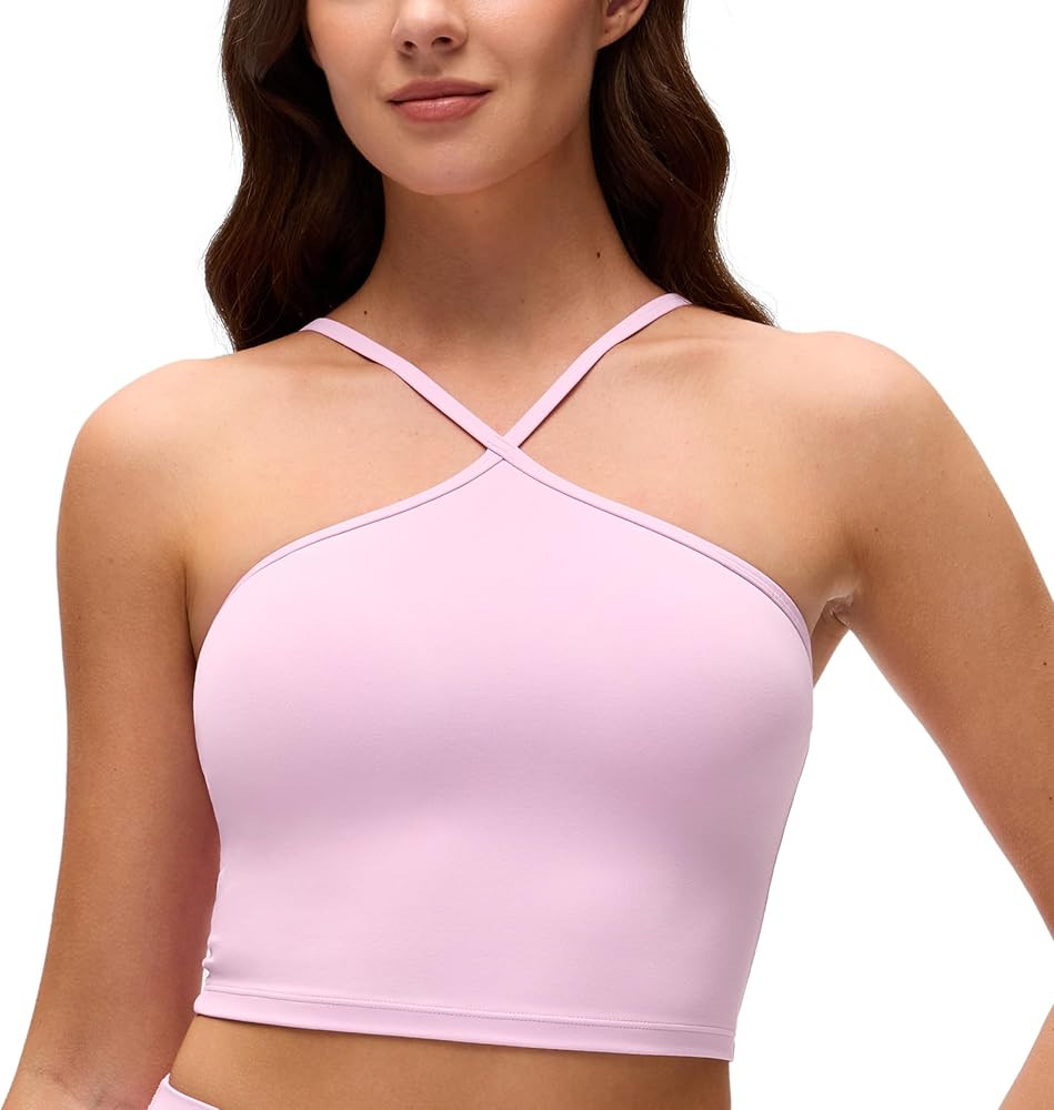 CRZ YOGA Butterluxe Cross Neck Crop Tank Tops for Women - Spaghetti Straps Square Back Padded Yog... | Amazon (US)
