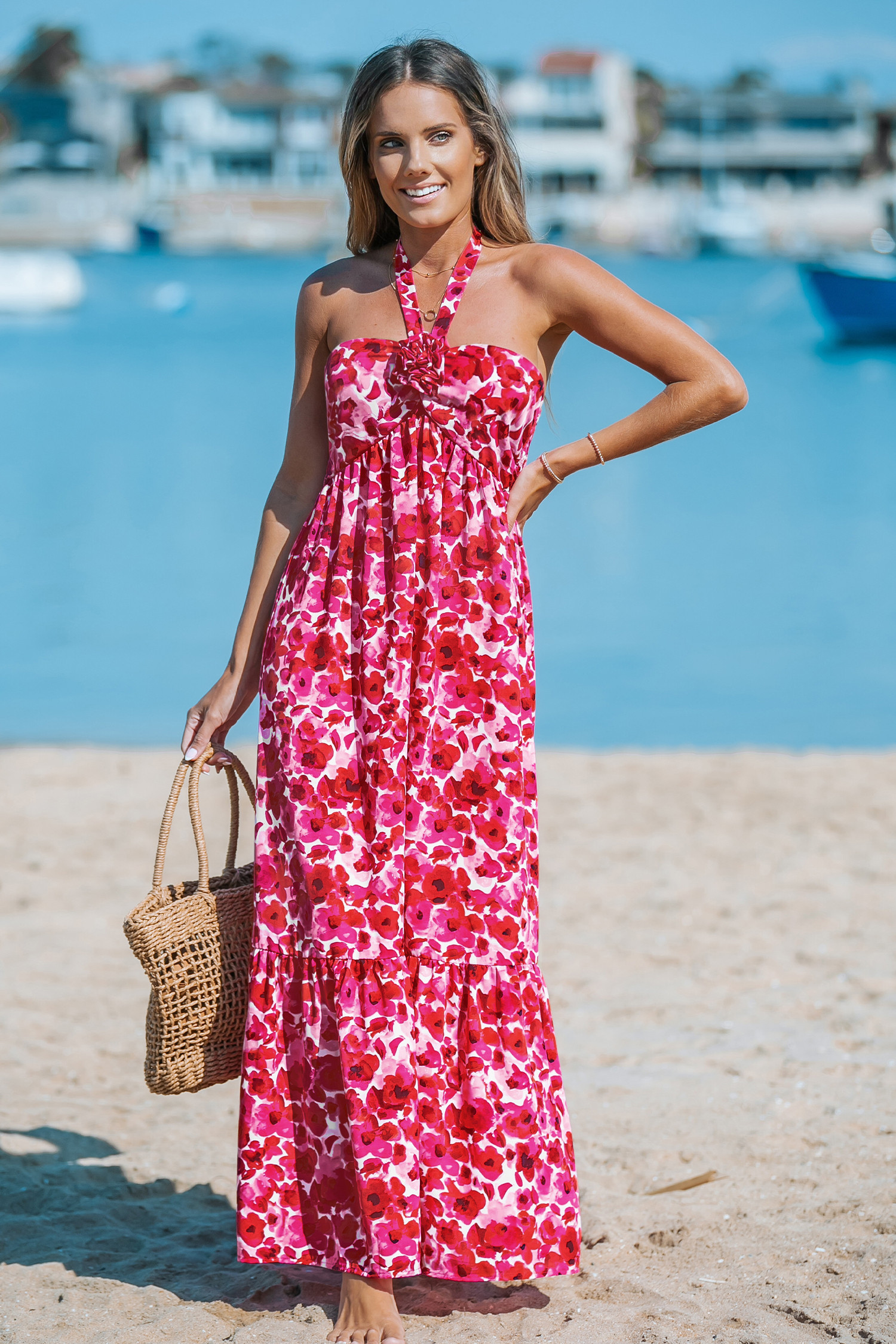 Red Floral Halter Neck Maxi Dress | Cupshe UK