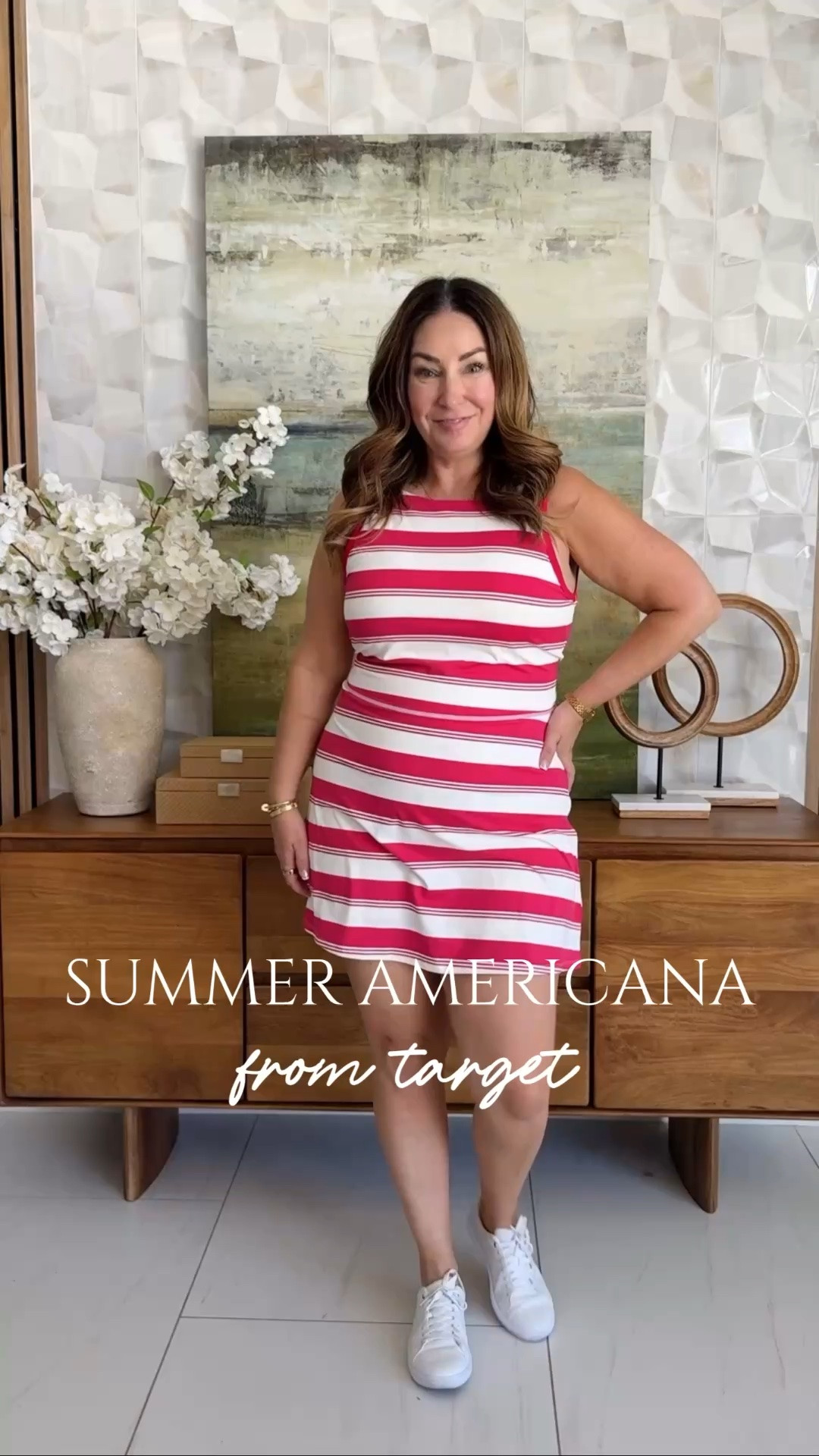 Easy, breezy, and ready for anything. 🇺🇸 Striped active dresses and a crisp blue-and-white tipped polo — the kind of pieces you can move in all day and still look pulled together. Effortless red, white, and navy for every summer plan on the calendar. ☀️

Wearing large in dresses and polo, XL in skort

#LTKOver40 #LTKMidsize #LTKSeasonal