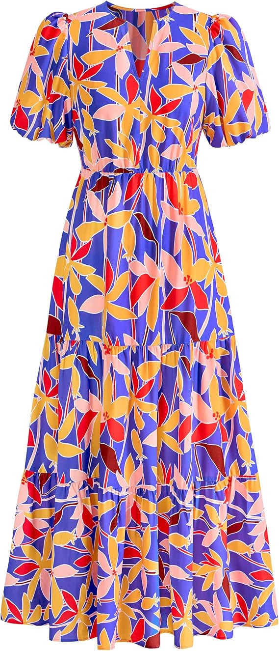 dowerme Womens Summer Dresses 2025 Casual Puff Short Sleeve V Neck Floral Boho Tiered Ruffle Maxi... | Amazon (US)