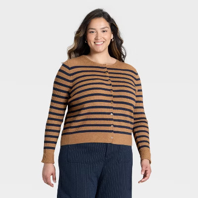 Women's Ribbed Cuff Cardigan - A New Day™ Brown/Navy Striped 1X | Target