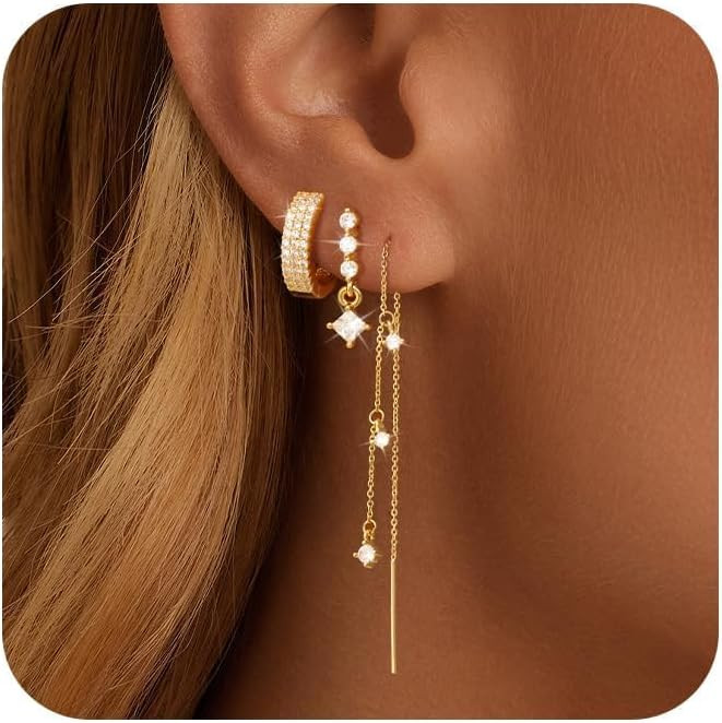 14K Gold Plated Chain Earrings for Women 3/4 Pairs Dangle Dainty Stack Hoop Earrings Set Trendy C... | Amazon (US)