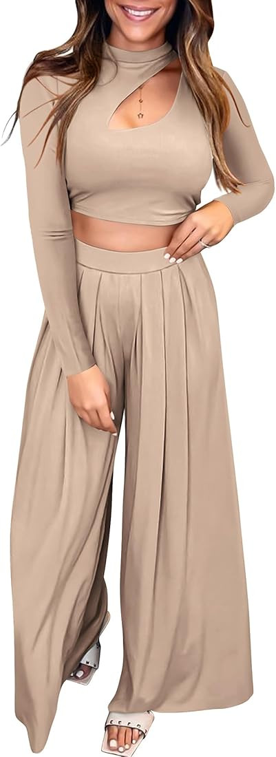 BTFBM Women's 2 Piece Tracksuit Outfits Cutout Long Sleeve Crop Top Wide Leg Pant Ribbed Knit Sweats | Amazon (US)