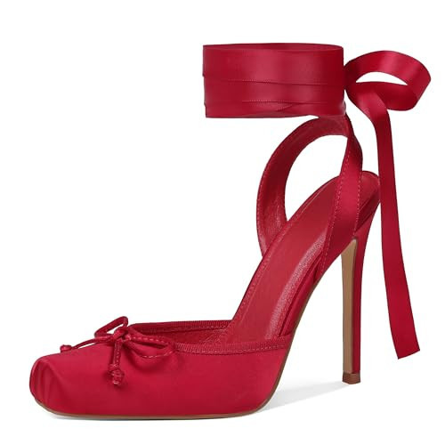Celbreez Ballet Heels Slingback Heels for Women Red Heel Closed Toe Women's Pumps Satin Lace Up Bow High Heel Stiletto Strappy Party Wedding Cute Ballerina Mary Jane Shoes | Amazon (US)