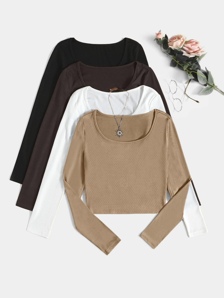 4pcs Scoop Neck Ribbed Knit Tee | SHEIN