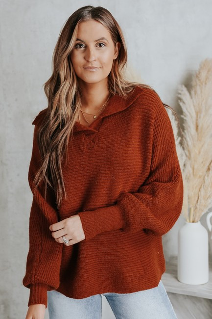 V-Neck Rust Collared Ribbed Sweater - FINAL SALE | Magnolia Boutique
