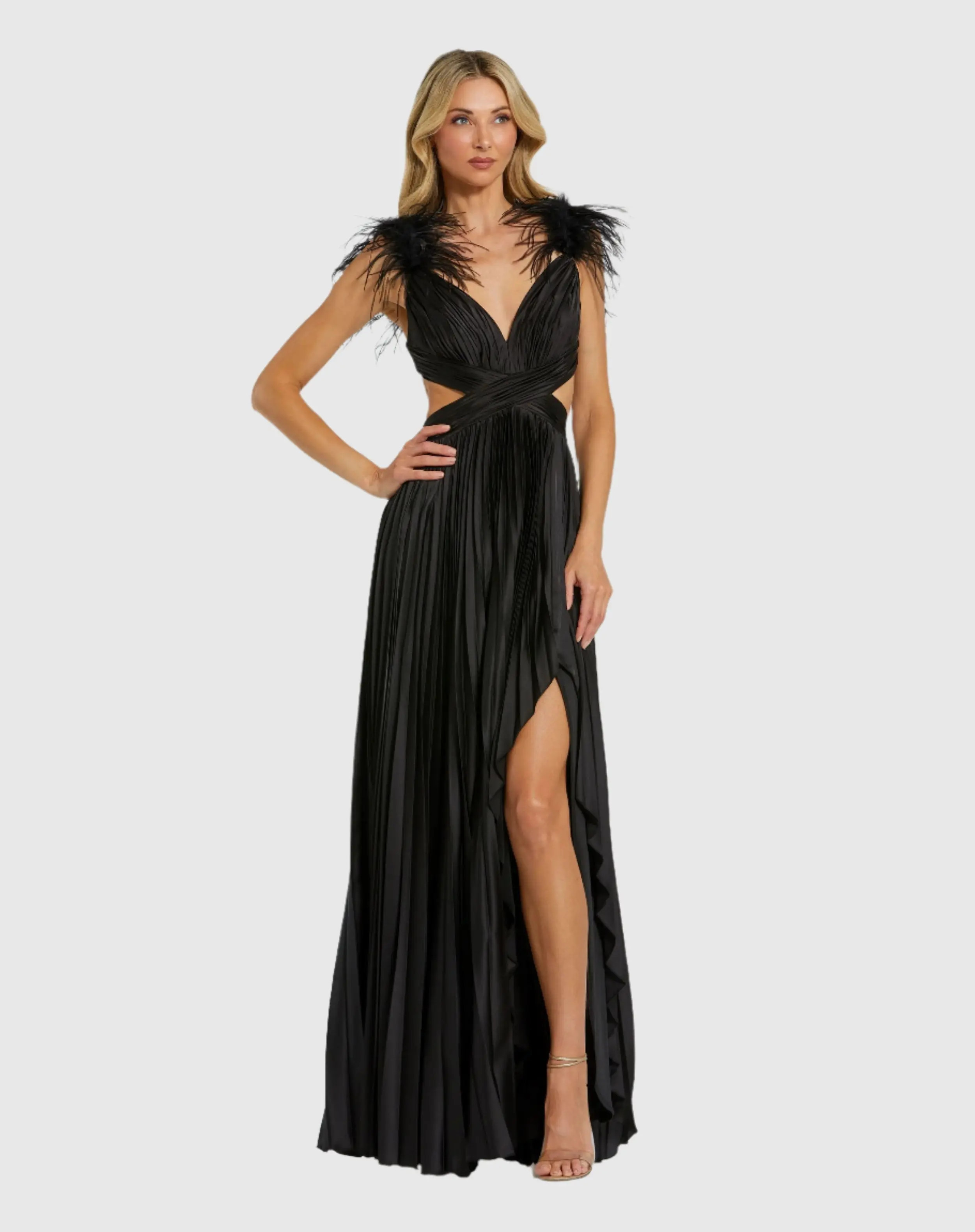 Mac Duggal - Black Pleated Feather Cap Sleeve Open Back Gown - FINAL SALE - Black / US 4 | Mac Duggal