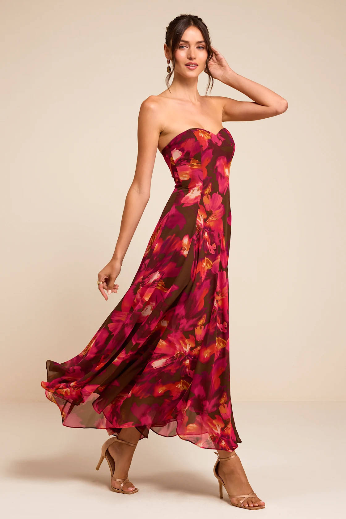 Madoria Brown Multi Floral Strapless Midi Dress | Lulus